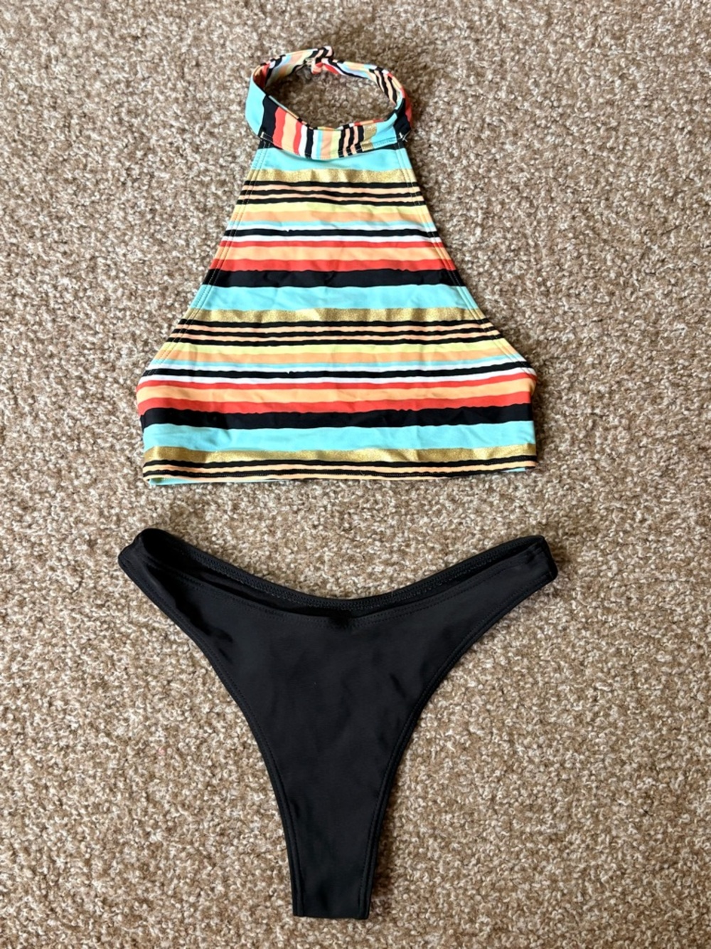 Striped Halter Bikini Top with Black Bikini Bottom